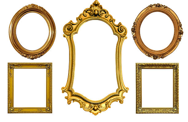 Golden ornate antique picture frames displaying vintage and royal styles with transparent background
