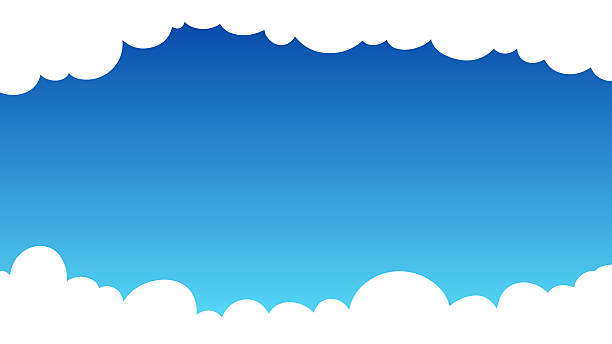 Blue sky background with white cloud frame border. ​Cartoon style fluffy clouds on bright blue gradient. ​Vector landscape illustration of a clear sunny day