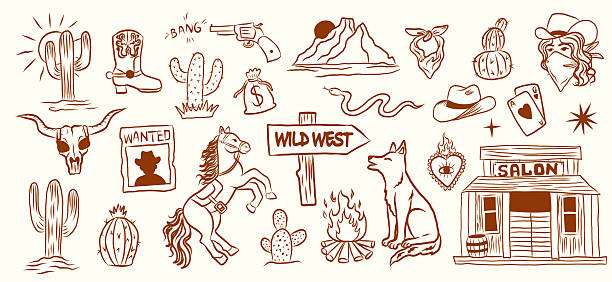 Wild west  icons set. Cowgirl, hat, boots, horse, skull, coyote, cacti and canyon. Hand drawn Western elements