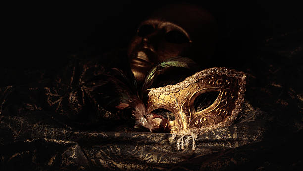 Vintage golden carnival masks on a dark background.