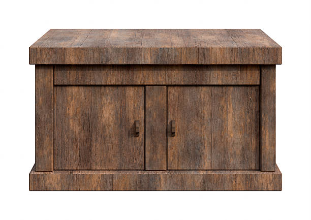 Rustic Vintage Wooden Cabinet for Product Display Isolated on White Background in Front View. 3D Illustration