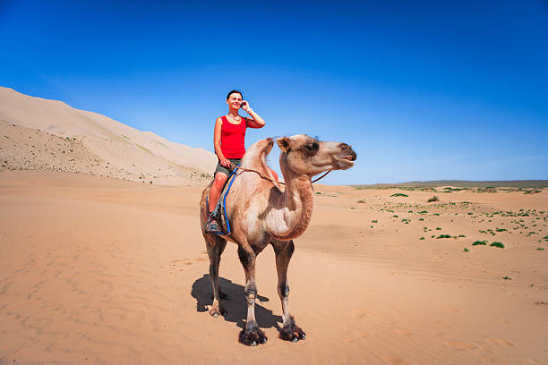 A woman in a red tank top rides a saddled camel across a wide sandy landscape under a clear blue sky. Large sand dunes rise in the background while sparse green shrubs dot the foreground. Bright sunlight casts defined shadows and highlights the textures of the camel's fur and the rippled sand.