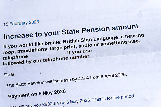 This image depicts an official UK government letter notifying recipients of a 4% increase to their State Pension amount effective from 6 April 2006, for the period ending on 5 May 2006. The document, dated 15 February 2006, includes details on the new weekly payment of £104.10 and emphasizes accessibility features such as Braille, British Sign Language, audio, translations, and large print for those who need them. It instructs users to contact the provided telephone number if requiring alternative formats. The letterhead and formal layout convey governmental authority. Ideal for commercial use in financial publications, retirement planning articles, historical archives on UK social security, or illustrations in media content about pension reforms and government communications from the mid-2000s.