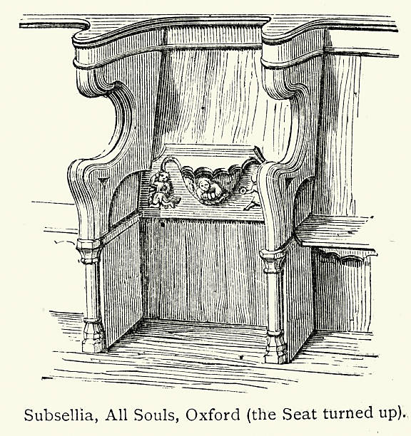 Subsellia or misericord, a ledge projecting from the underside of a hinged seat in a choir stall which, when the seat is turned up, gives support to someone standing Victorian, Vintage illustration, 19th Century