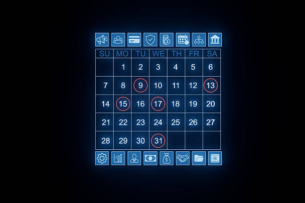 The calendar shows the month of March with marked dates in red circles. Various icons indicate events or tasks, all set against a black backdrop.