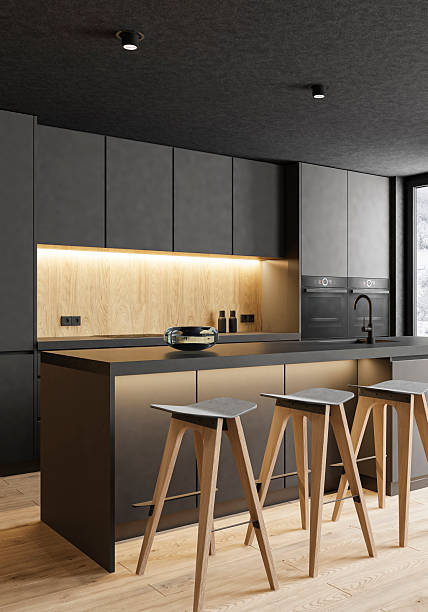 istock Modern black and wood japandi style kitchen 2262809345