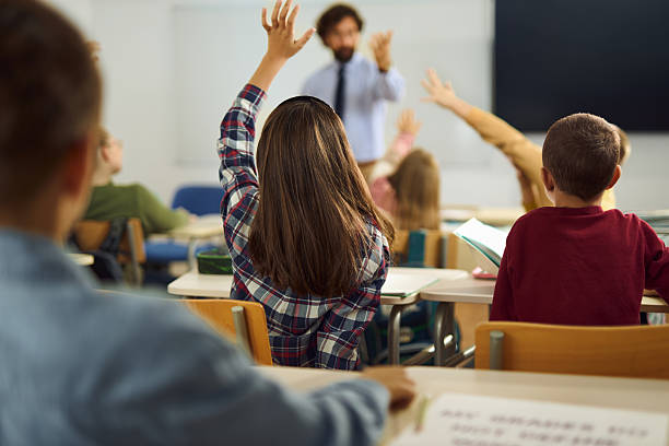 istock Back view of elementary students raising their hands to answer teacher's question on a class 2262810225