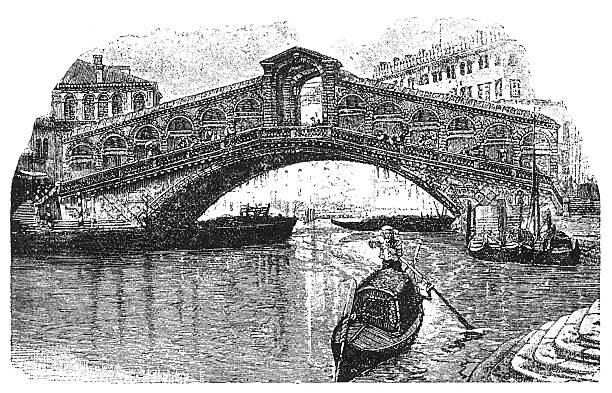 Rialto Bridge in Venice spanning the Grand Canal, with a gondolier navigating a gondola beneath, capturing the charm and distinctive architecture of Venice in a classic artistic style, old vintage illustration, 1898.