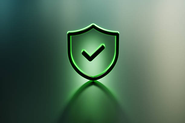 Stack of shields on black background. Protection symbol. Guaranty emblem. Access badge. 3d render