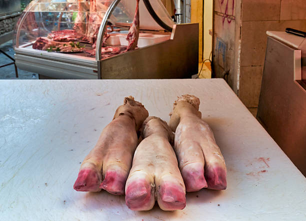 Locals shop at Piscaria market in Catania, Sicily. Fresh fish and meat are displayed for sale. Vegetable stalls are nearby and busy.