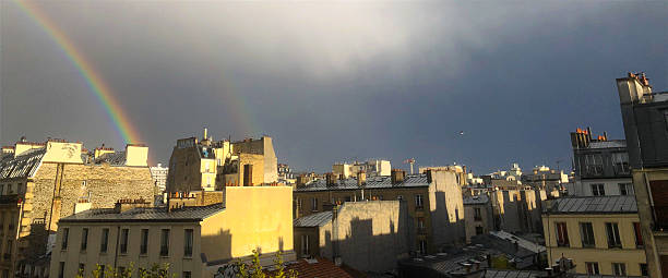 Paris, France: Rooftops in the 11th Arrondissement under Double Rainbow. Panoramic shot from Rue Oberkampf.