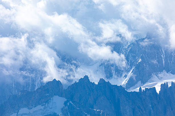 French Alpine mountain panoramic view with jagged peaks, glaciers and dramatic clouds in summertime