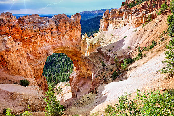Natural Arch Bridge stands tall in Bryce Canyon National Park, showcasing unique rock formations and surrounded by trees and mountains.
