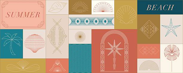 Art Deco Summer Beach Pattern with Tropical Line Icons and Geometric Tiles banner background