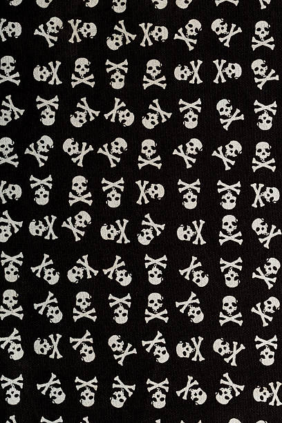 This design features a black background with a repeating pattern of white skulls and crossbones. It is suitable for various fabric projects and fashion designs.