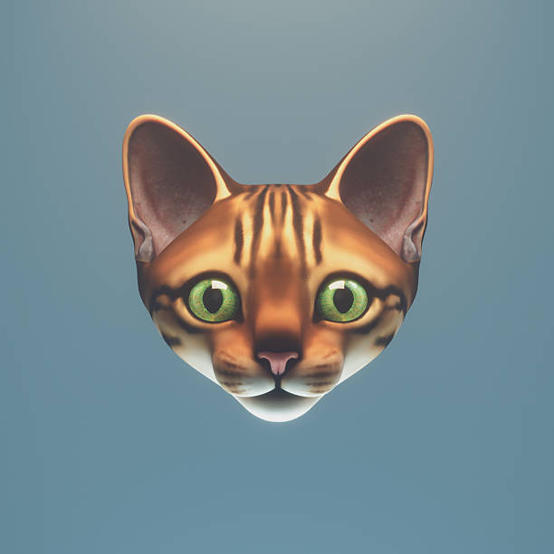 Head of a cute striped kitten with wide open green eyes. Glorious striped cat. Character design cartoon funny tabby brown cat icon. Animal portrait. 3d digital illustration on blue background