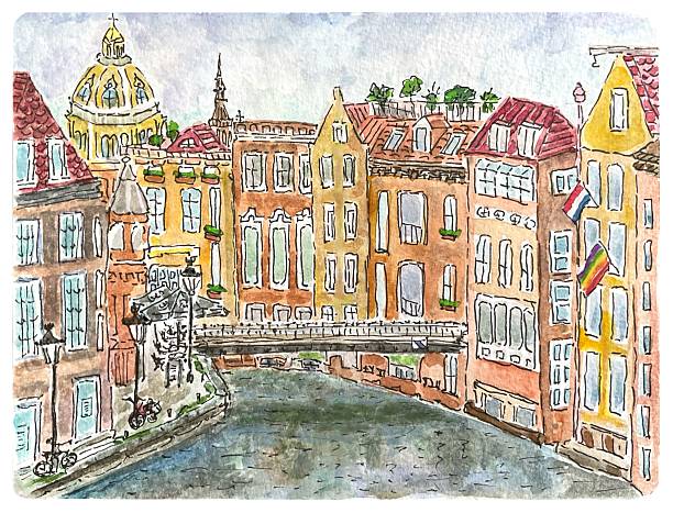 Postcard with Amsterdam, vintage watercolor illustration