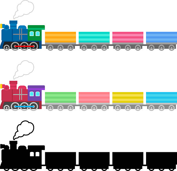 A stylized illustration of a steam locomotive pulling freight cars, viewed from the side