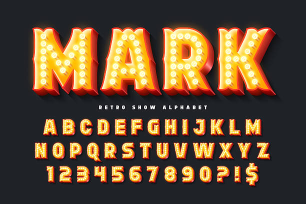 Retro marquee show alphabet design, circus, fairy LED lamps letters and numbers. Original design