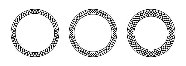 Set of checkered round frames. Vignettes with checkerboard, rally flag or chess game plane black and white print. Circular geometric frameworks. Vector graphic illistration.
