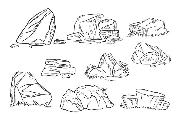 Stones outline drawing. Isolated rock line arts. Mountain boulders sketch. Hand drawn rubble groups. Ruins outline template. Vector illustration