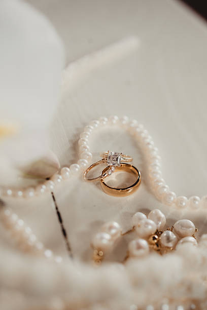 Wedding rings and pearl necklace and earrings for bride