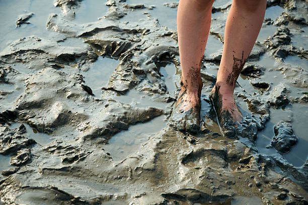 A close-up, high-angle shot of a person's bare legs and feet partially submerged and covered in thick, dark grey mud and shallow water. The mud is lumpy and uneven, showing footprints and natural formations. The water reflects the light, creating a glistening effect on the surface. The person's skin is visible above the muddy water, with splashes and streaks of mud extending up their calves. The overall scene conveys a sense of natural exploration, play, or an outdoor activity in a wetlands or marsh-like environment.