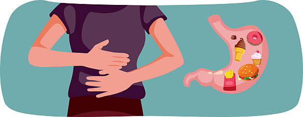 Woman clutching in discomfort while eating poor diet snacks illustration