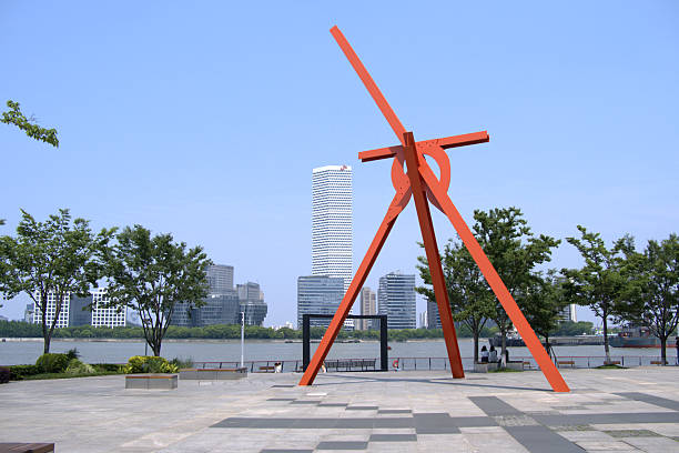 Contemporary monument on West Bund riverfront on the Huangpu river, Shanghai, China.