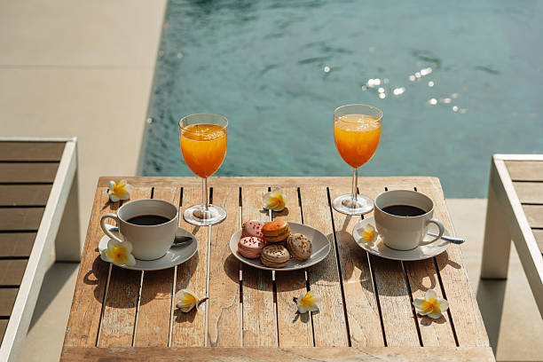 Coffee and sweets with a pool view