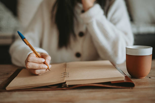 istock Woman writing in notebook with cup of coffee in cozy home setting 2263079430