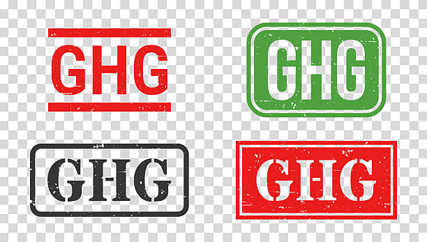 GHG - Greenhouse Gas. Grunge rubber stamps for your own design, isolated on a transparent background. Four trendy stamps with a slight grunge texture, in different styles and ink colors. The first stamp is in red ink with lines above and below the text. The second stamp is in black ink with the text framed. The third stamp is in red ink with the text transparent. The fourth stamp is in green ink with the text transparent. Vector Illustration (EPS file, well layered and grouped). Easy to edit, manipulate, resize or colorize. Vector and Jpeg file of different sizes.