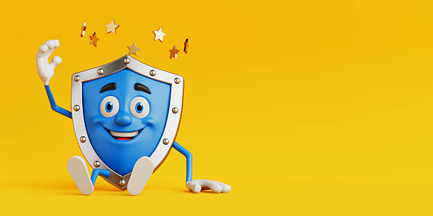 Customer Satisfaction And Quality Rating Concept. Friendly Shield Character With Five Golden Stars Above On Yellow Background. 3d Rendering