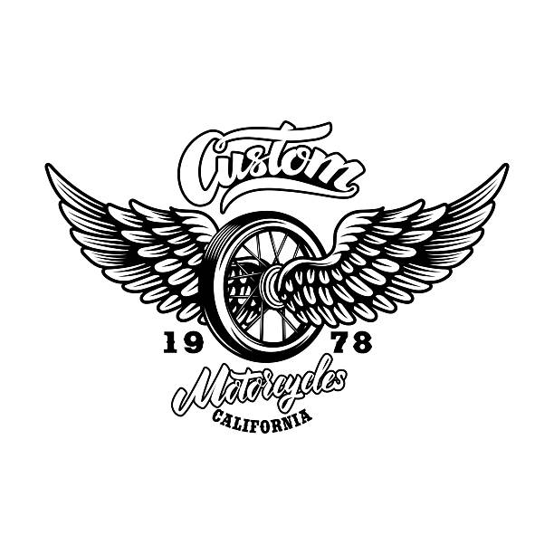A vintage motorcycle emblem featuring a central spoked wheel with large spread wings. The design includes 