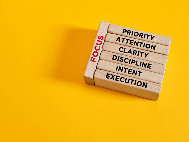 Focusing or building focus concept. Wooden blocks displaying the word focus with its basic concepts such as priority, attention, clarity, discipline, intent, and execution.