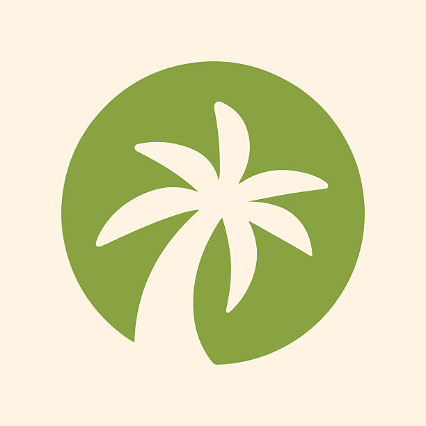 Minimalist palm tree silhouette inside a green circle. ​Tropical beach resort logo with palm tree icon design. ​Summer vacation and travel agency emblem in green color