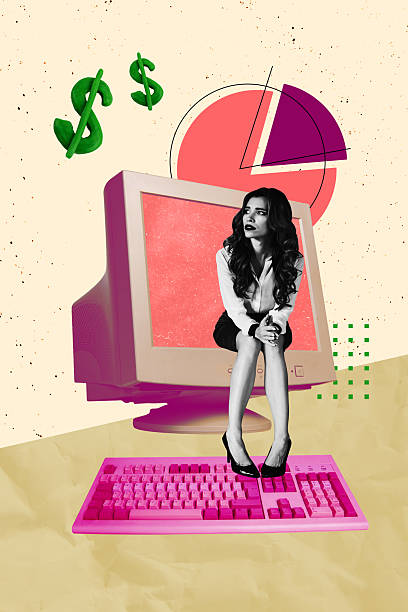 Trend artwork banner sketch 3D photo collage of computer monitor keyboard young lady sit finance income rich money bank diagram match