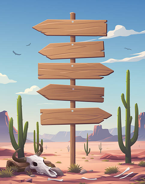 Vector cartoon illustration of a tall signpost with multiple blank wooden arrow signs pointing left and right, set in a desert environment with a bull skull on the ground, cacti, and red rock formations under a sunny sky. Perfect for customizable direction, western, adventure or choice themes.
