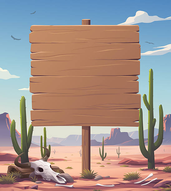 Cartoon vector illustration of a blank wooden signpost in a desert landscape, featuring a cow skull at the base, cacti, and distant mountains under a clear blue sky. Ideal for custom text overlays in western-themed designs.