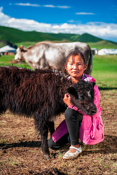 A young girl in a bright pink coat kneels in a sunlit pasture, gently holding a shaggy black calf close to her. A larger cow, white yurts and rolling green hills sit in the background beneath a vivid blue sky with scattered clouds. The image captures a quiet, tender moment of rural pastoral life and the bond between child and animal.