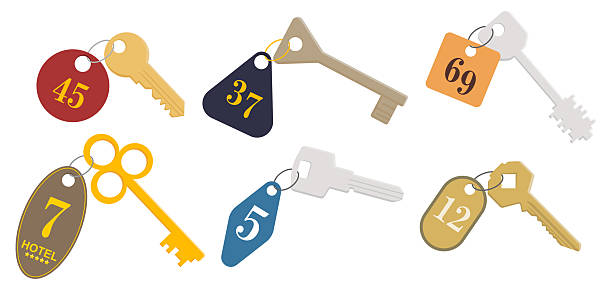 Vintage Hotel Room Keys with Number Tags Vector Set. Hotel Room Keys Collection with Retro Numbered Tags. Hotel room keys vector. House key icon set. Vintage key illustration vector. Door key collection clipart. Real estate key symbol