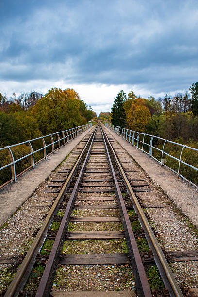 Railway tracks of two different gauges run parallel on an old narrow bridge surrounded by autumn foliage. The sky is overcast, adding a dramatic effect to the landscape.