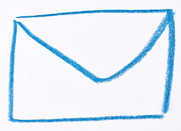 Drawing of a postal envelope, blue outline, wax crayon, white background.