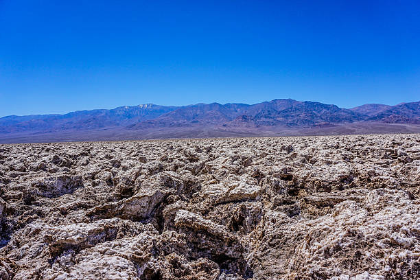 A desolate desert landscape with a blue sky in the background. The sky is clear and bright, and the sun is shining brightly. The landscape is barren and rocky, with no signs of life