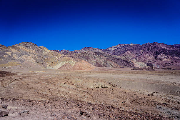 A desert landscape with mountains in the background. The sky is clear and blue. The scene is peaceful and serene