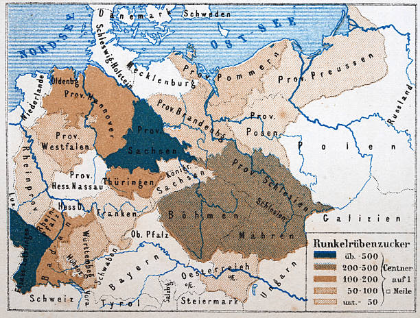 German history, Sugar beet land, demographics, density map of Germany 1875, Vintage illustration, German text