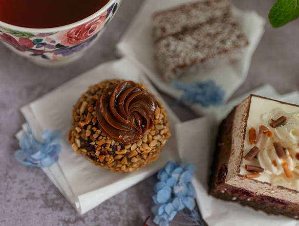 Sweet dessert set with caramel pastry and cheesecake