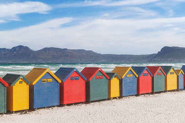 Colorful beach huts at Muizenberg Beach in Cape Town, iconic seaside scene on a sunny day