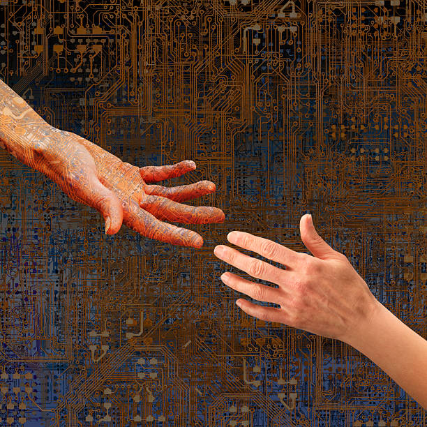 Conceptual image of two hands reaching for each other, circuit board in background