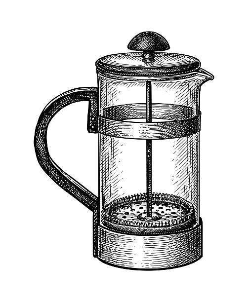 French press coffee brewer ink sketch. Hand drawn vector illustration. Retro style.